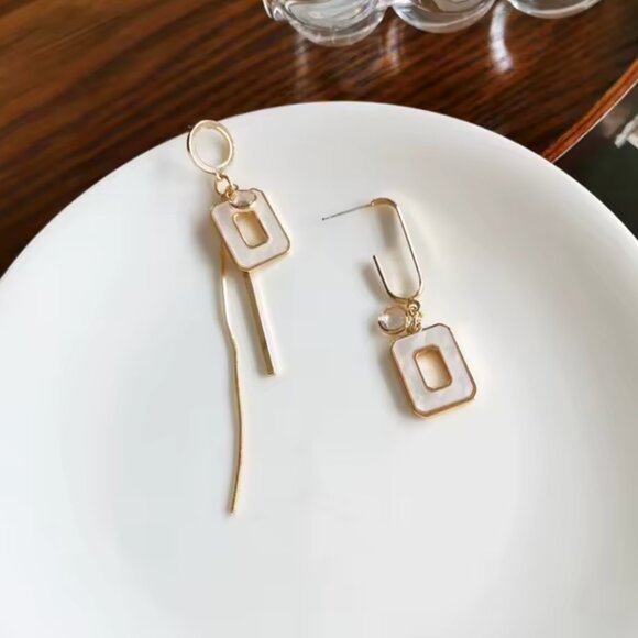 Modern Asymmetrical Geometric Drop Earrings – .925 Silver Needle, Gold Finish - Picture 6 of 12